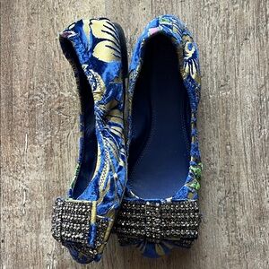 Tory Burch Blue Dahlia and Gold Flats